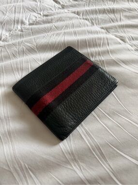 Gucci Leather Bifold Stripe Wallet - Black and Red